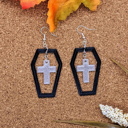 Coffin and Cross, Halloween, Statement Earrings