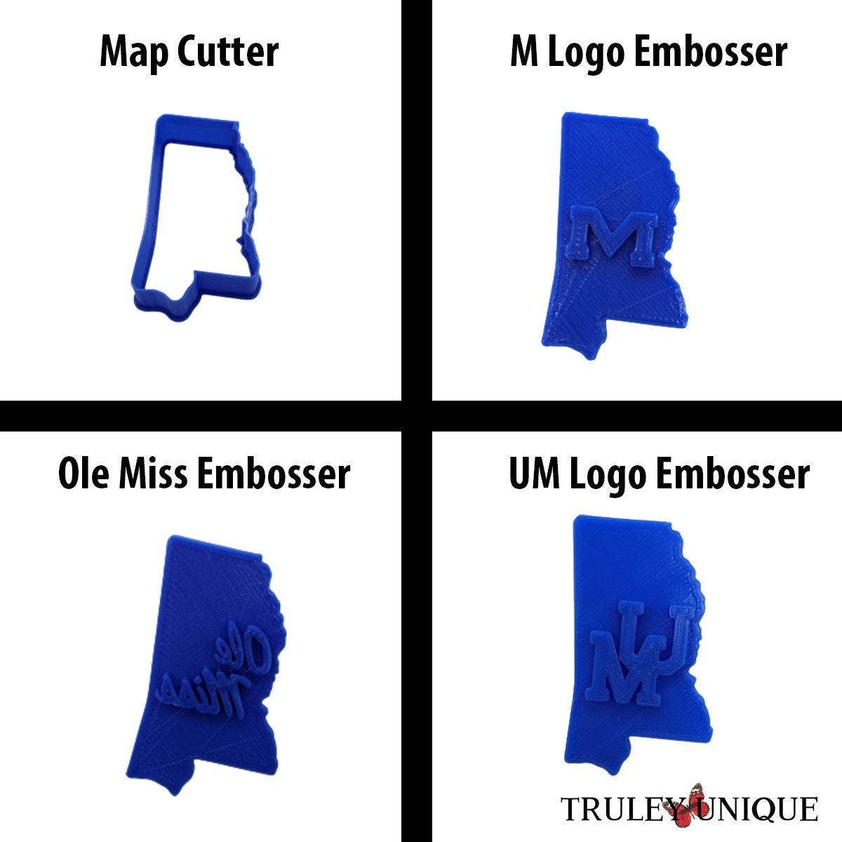 Mississippi Map Cookie Cutter, with M, UM, Ole Miss, Paw Print and Landshark Embossing Stamp Options