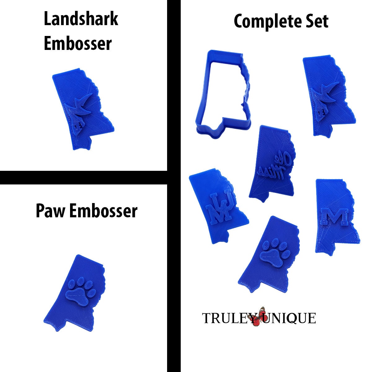 Mississippi Map Cookie Cutter, with M, UM, Ole Miss, Paw Print and Landshark Embossing Stamp Options